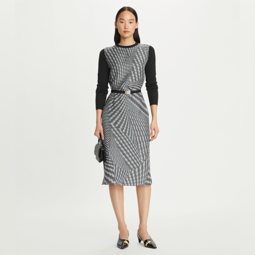 NWT Tory Burch Greer Silk-Front Wool Dress Black / Black Warped Lace